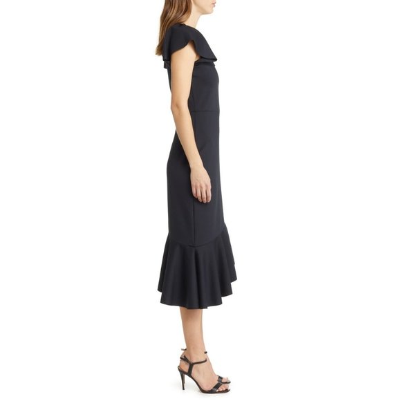 🆕 RACHEL PARCELL Asymmetric Ruffle Hem Scuba Dress Black X-Small - Picture 3 of 11